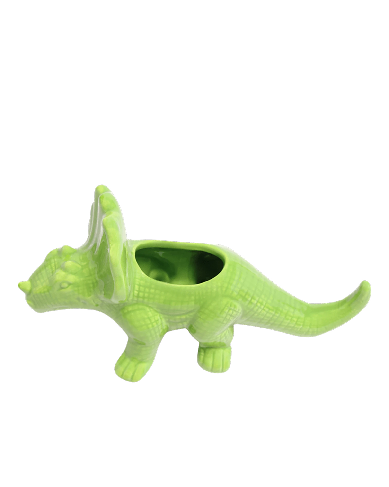Chive Triceratops Fluorite Green color ceramic dinosaur shaped succulent planter showing texture details.