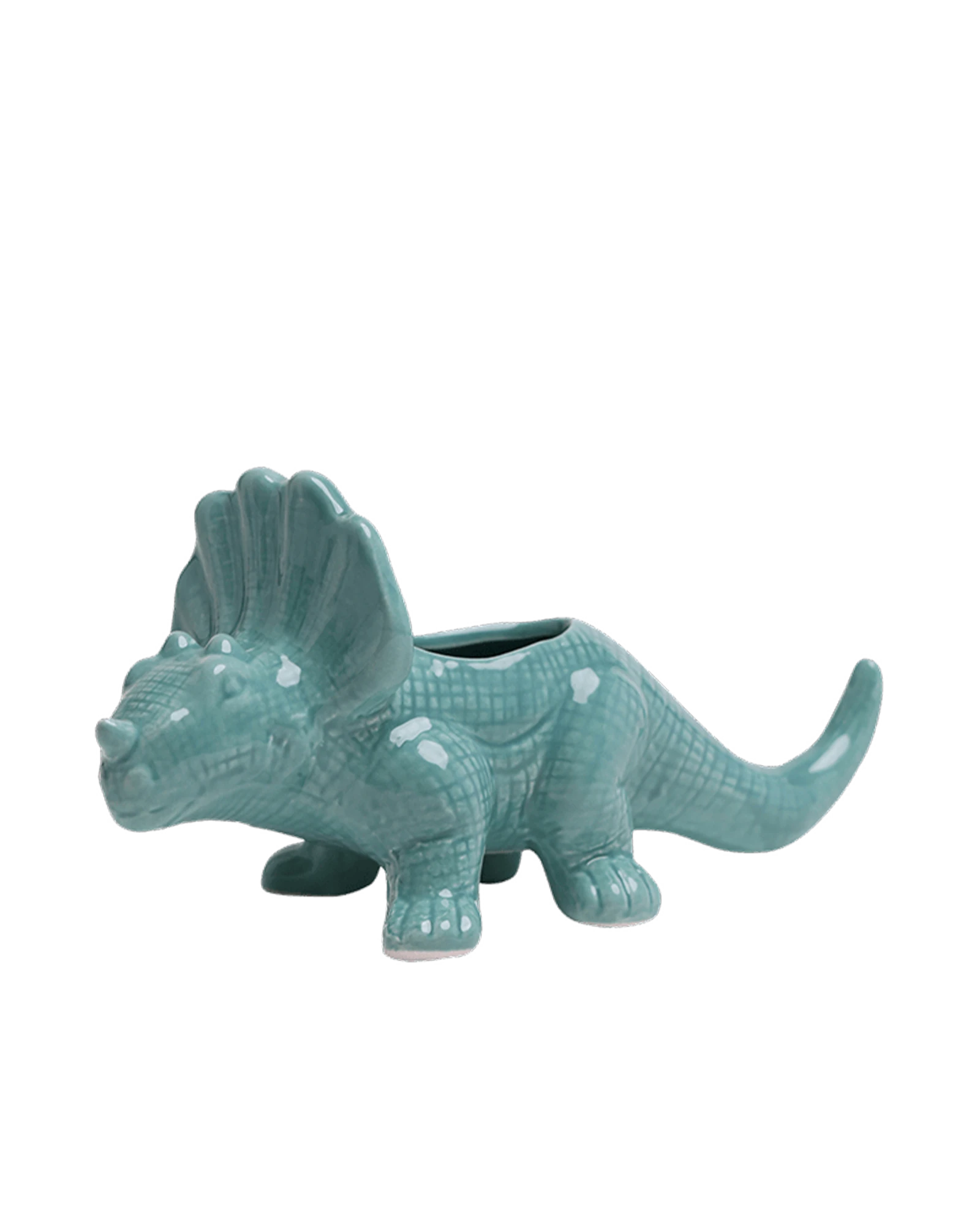 Chive Triceratops Granite Green color ceramic dinosaur shaped succulent planter with no drainage.