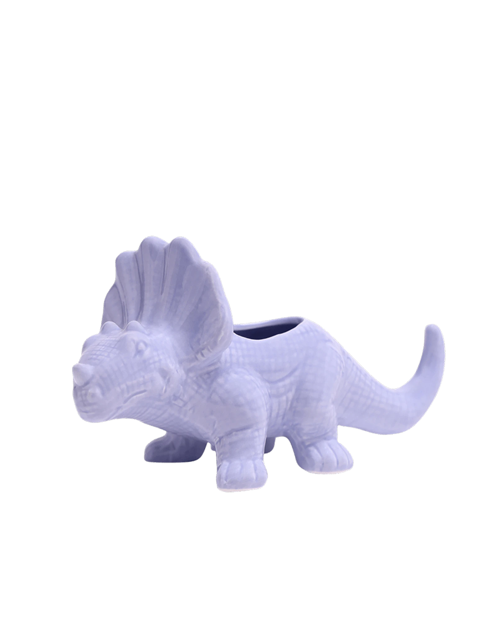 Chive Triceratops Halogen Blue color ceramic dinosaur shaped succulent planter with no drainage.
