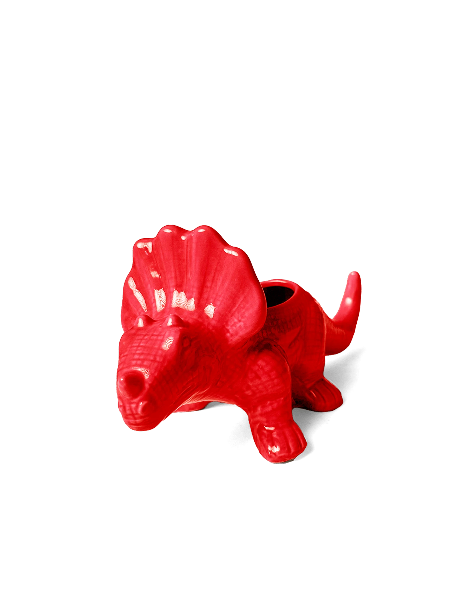 Chive Triceratops red ceramic dinosaur shaped succulent planter with no drainage.