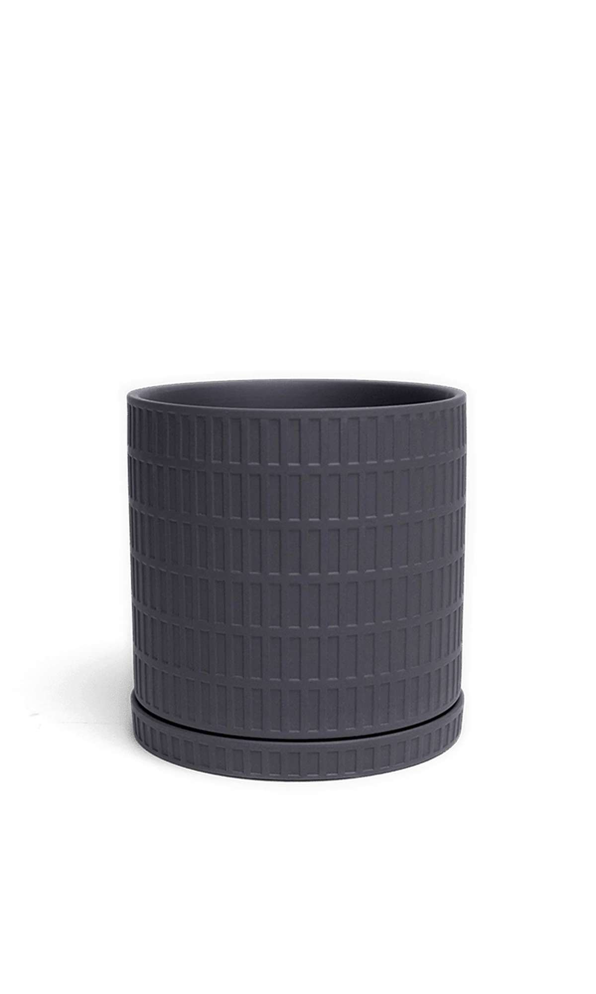 Chive Virago A large black textured porcelain pot with drainage hole and detachable saucer.