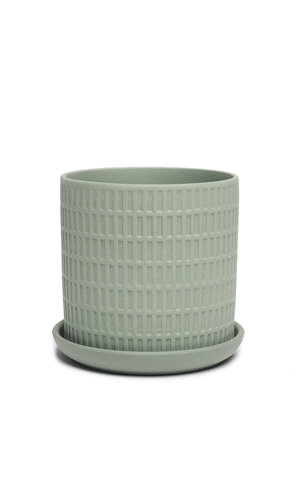 Chive Virago A small olive porcelain pot with drainage hole and detachable saucer.