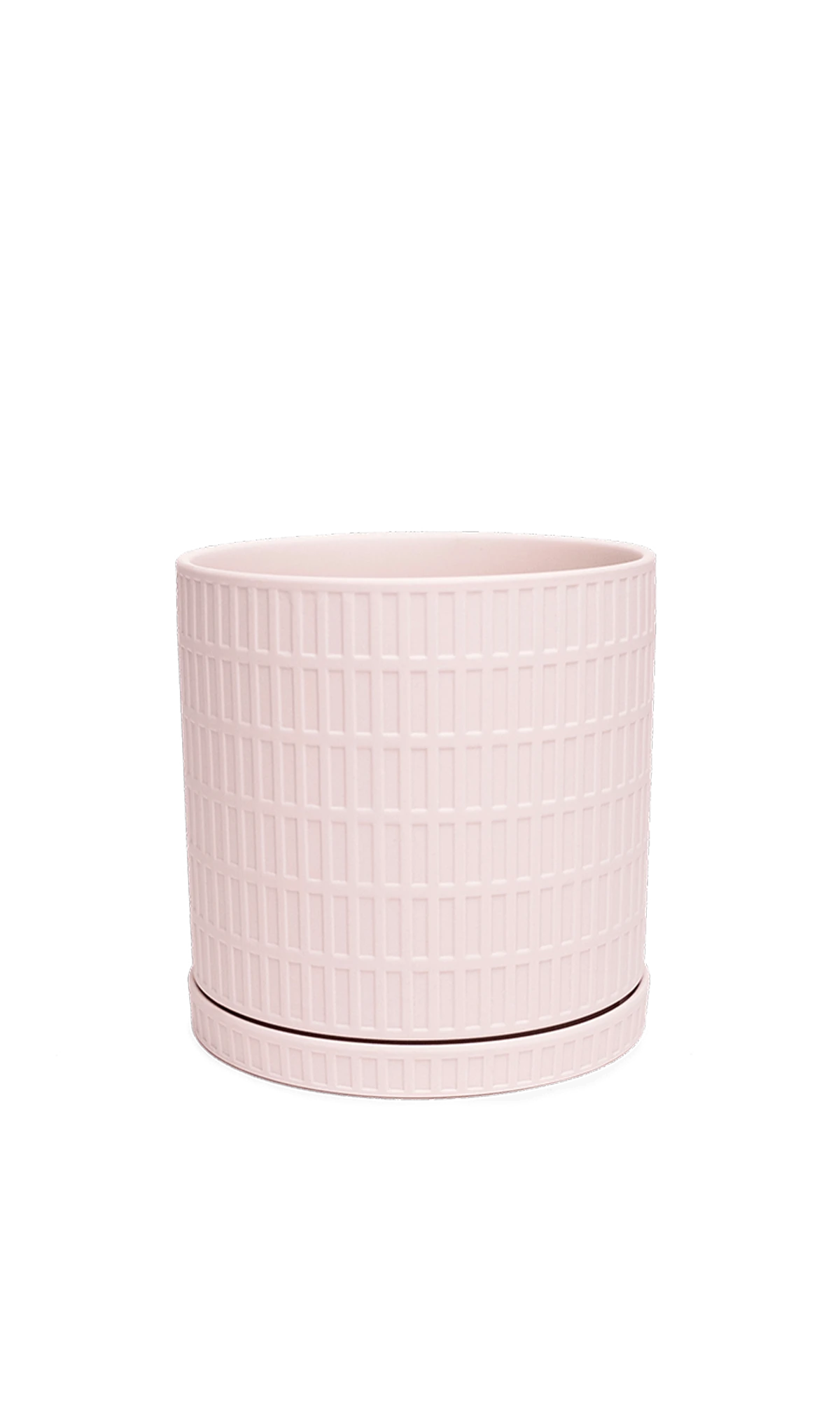 Chive Virago A large soft pink textured porcelain pot with drainage hole and detachable saucer.