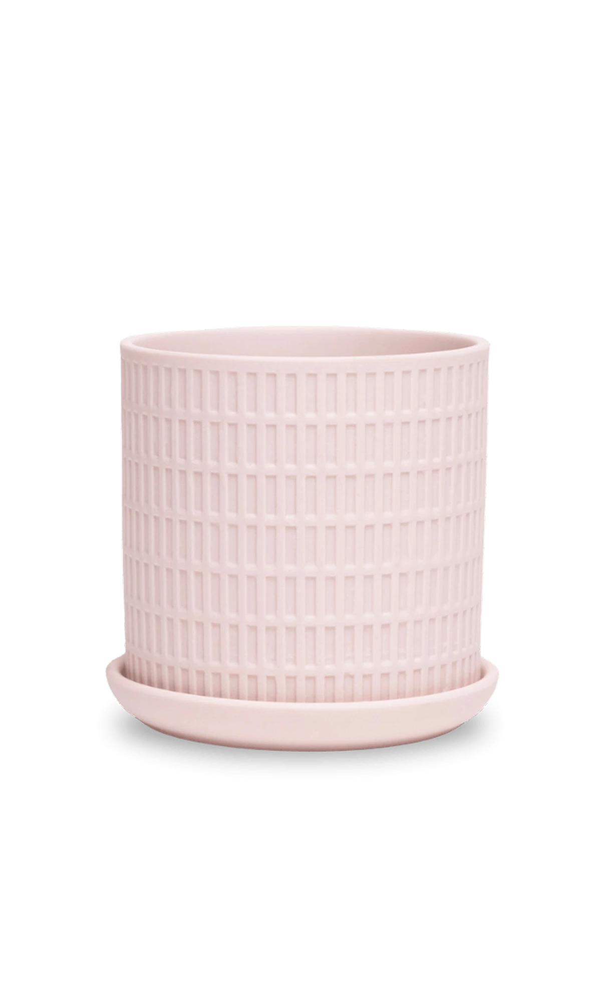 Chive Virago A small soft pink porcelain pot with drainage hole and detachable saucer.
