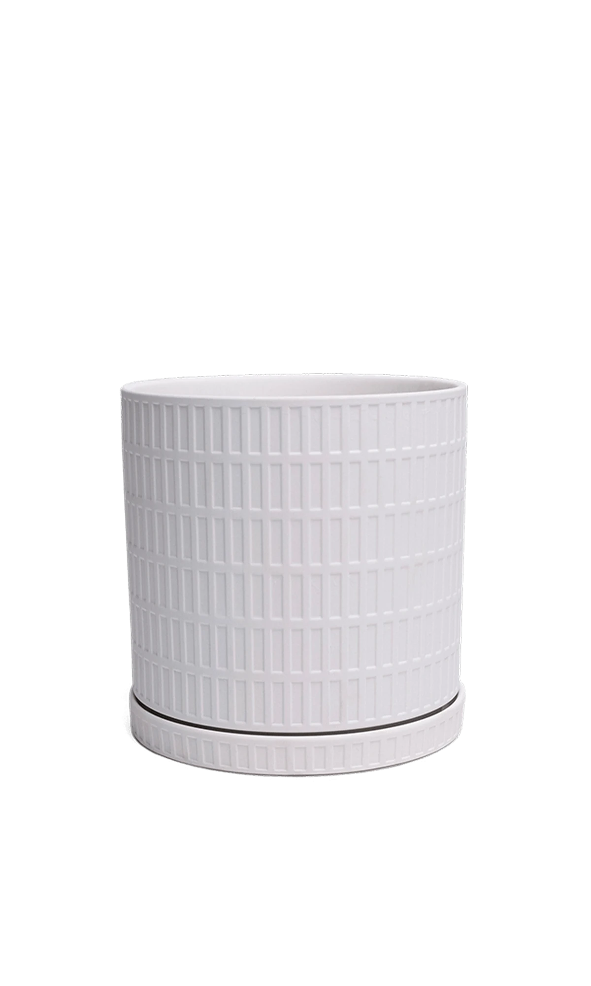 Chive Virago A large white textured porcelain pot with drainage hole and detachable saucer.