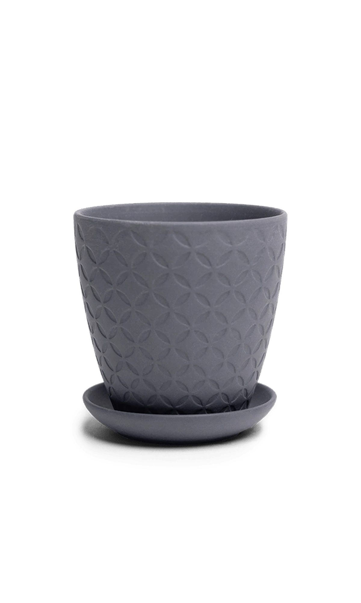 Chive Virago B small black porcelain pot with drainage hole and detachable saucer.