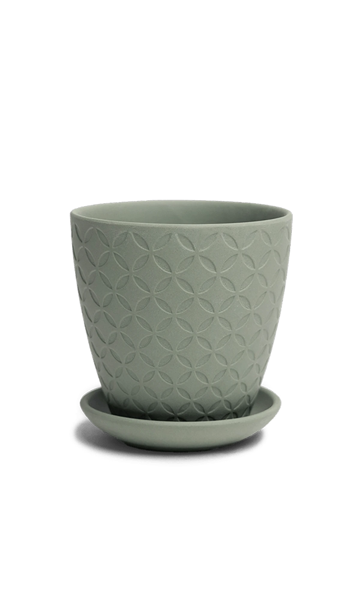 Chive Virago B small olive porcelain pot with drainage hole and detachable saucer.