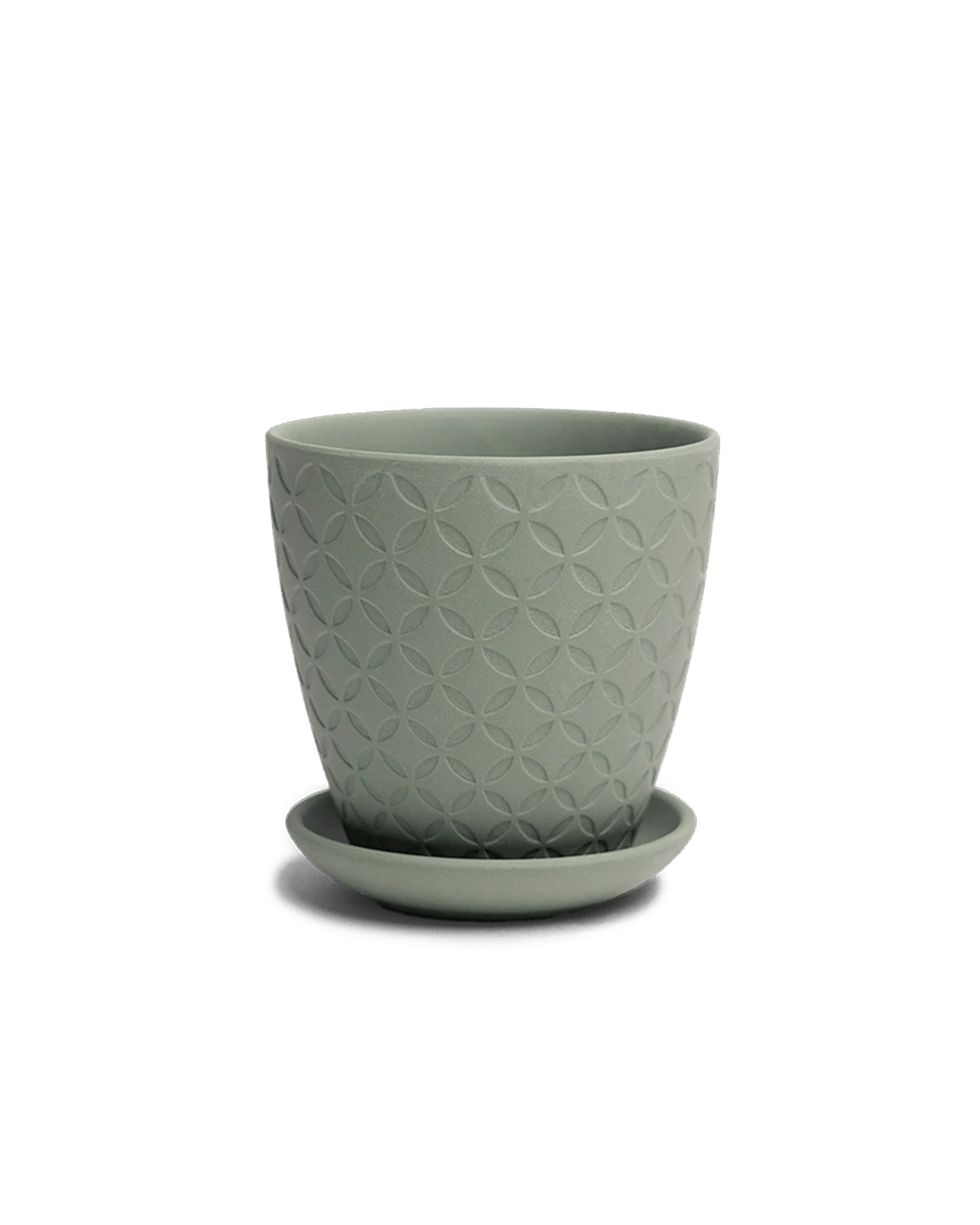 Chive Virago B small olive porcelain pot with drainage hole and detachable saucer.