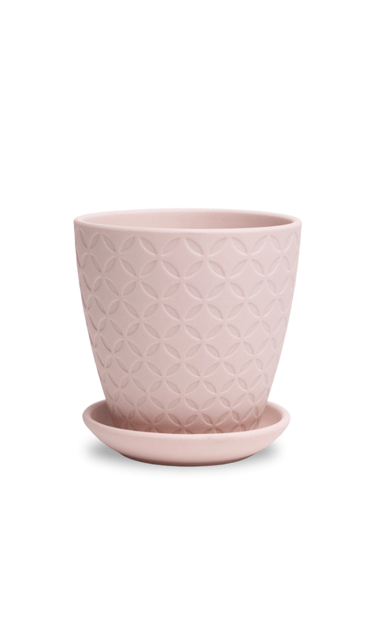 Chive Virago B small soft pink porcelain pot with drainage hole and detachable saucer.