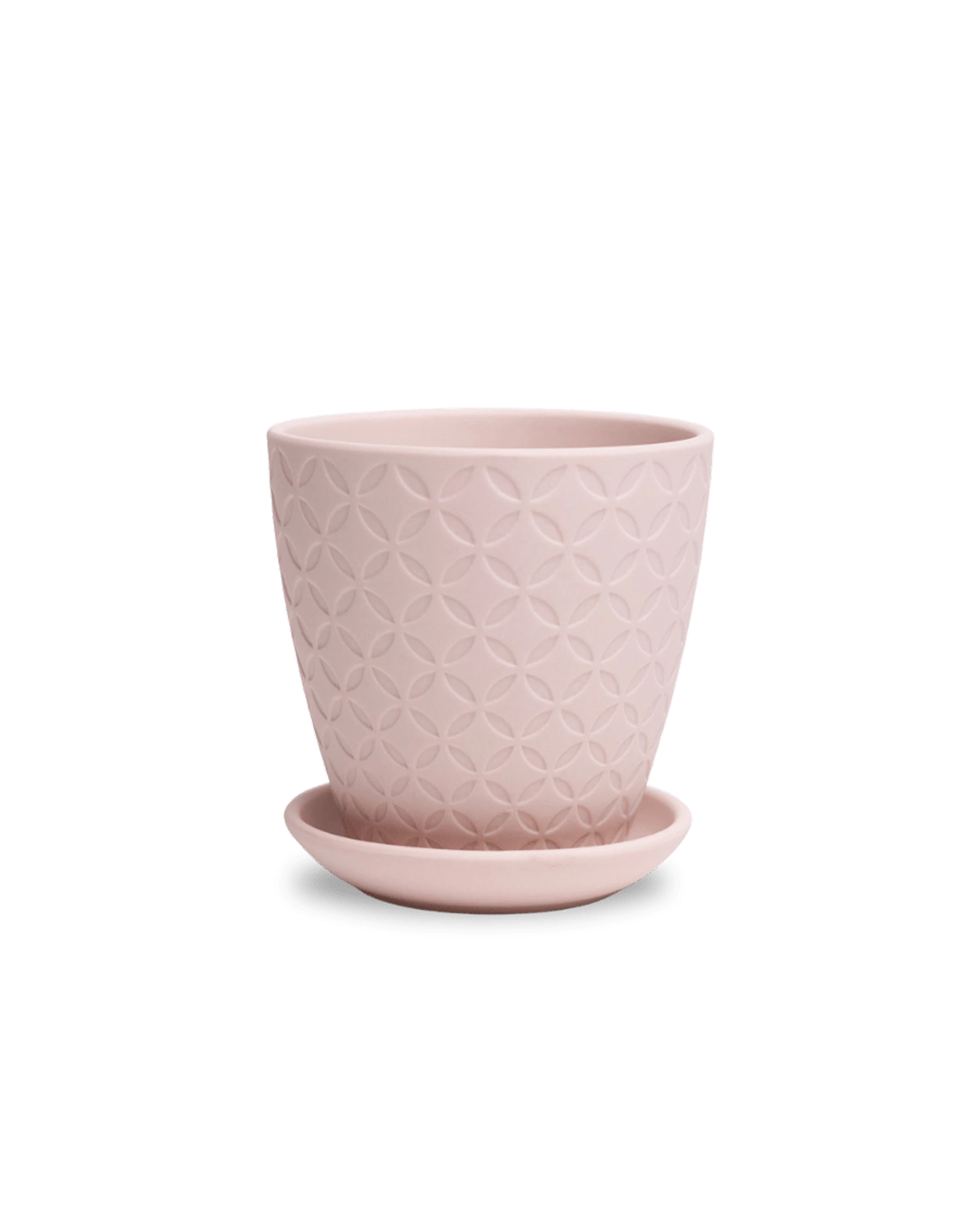Chive Virago B small soft pink porcelain pot with drainage hole and detachable saucer.
