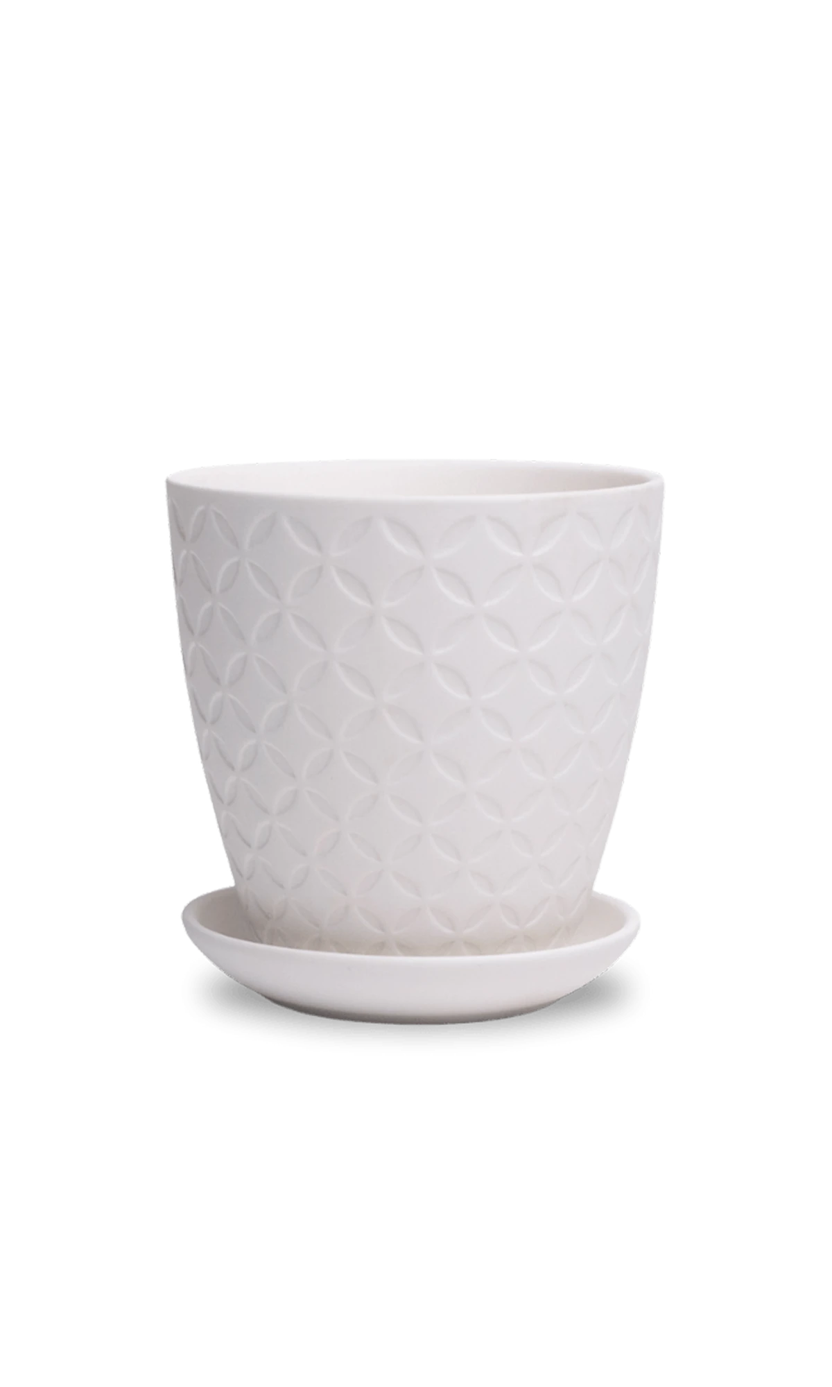 Chive Virago B small white porcelain pot with drainage hole and detachable saucer.