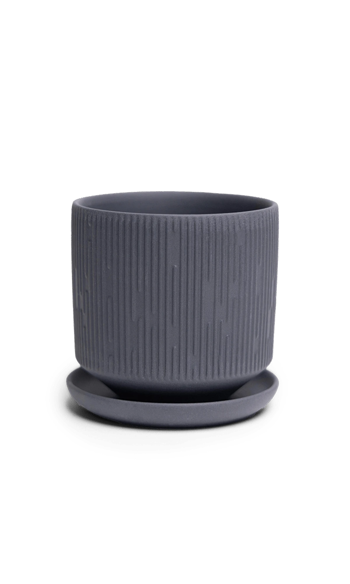 Chive Virago C small black porcelain pot with drainage hole and detachable saucer.