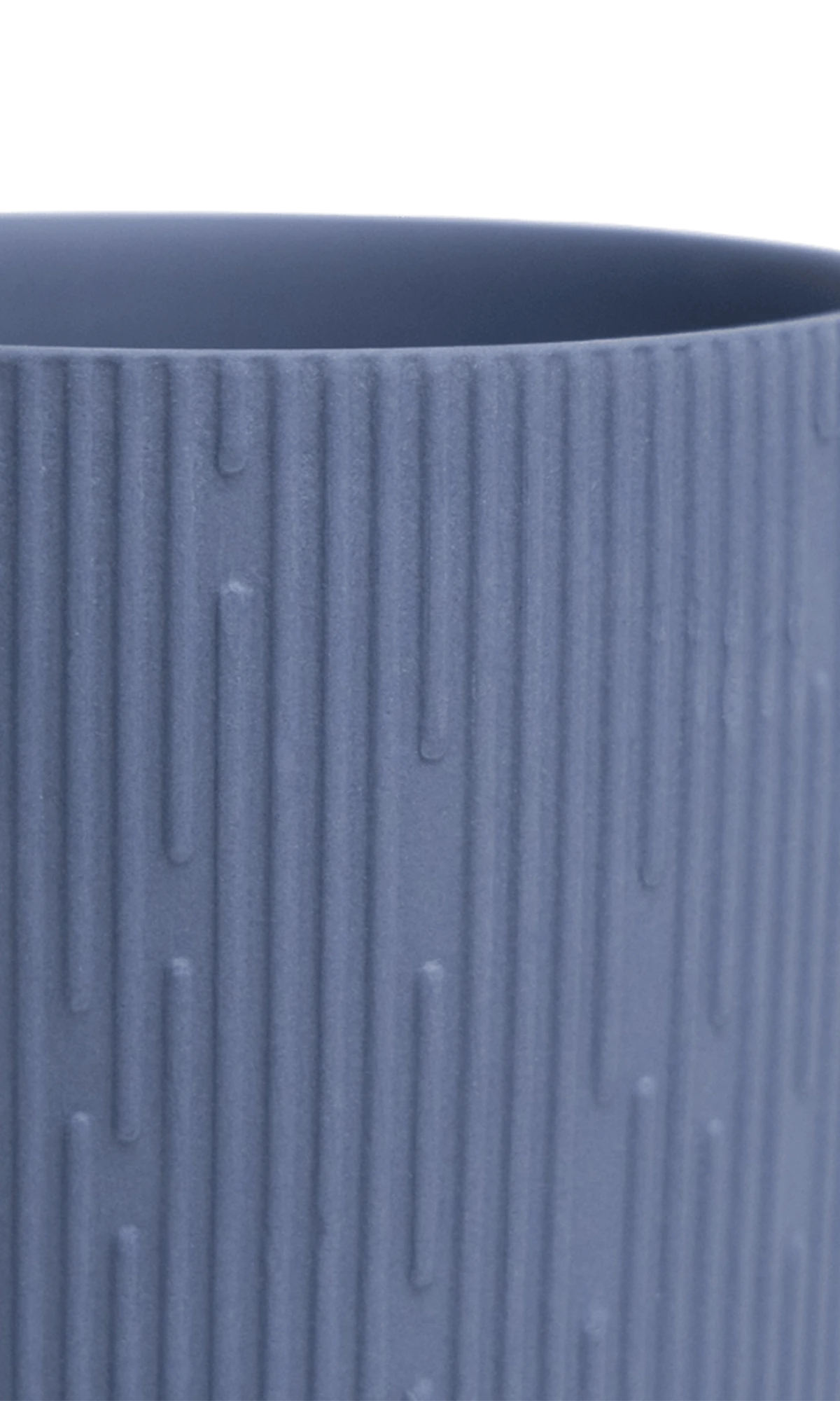 Close-up of the Chive Virago C medium blue grey porcelain pot showing the color and ribbed texture finish.