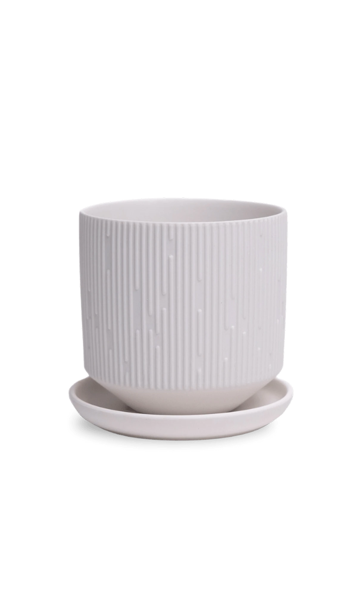 Chive Virago C small white porcelain pot with drainage hole and detachable saucer.