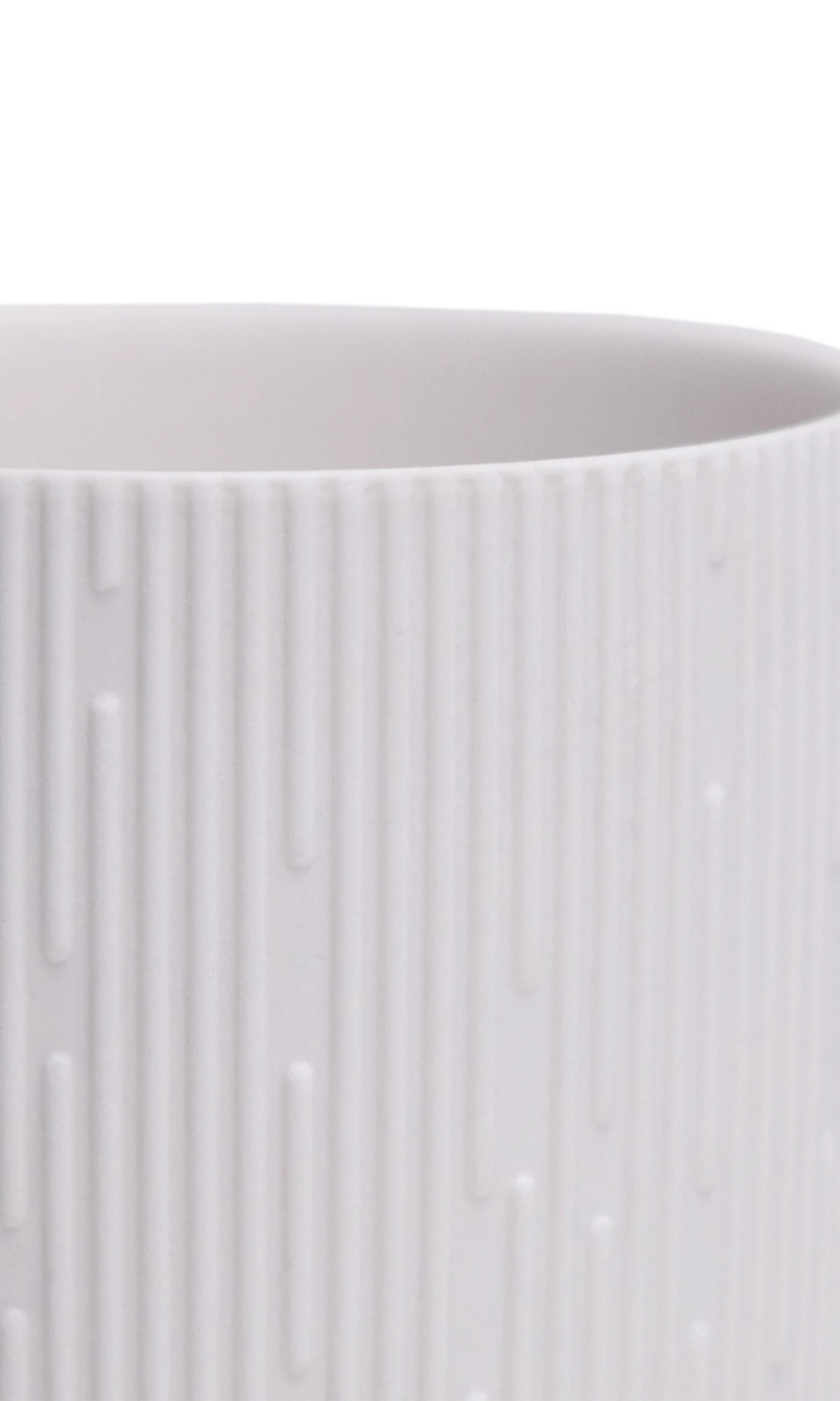 Close-up of the Chive Virago C small white porcelain pot showing the color and ribbed texture finish.