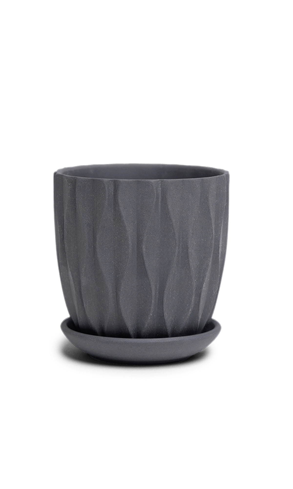 Chive Virago E small black porcelain pot with drainage hole and detachable saucer.