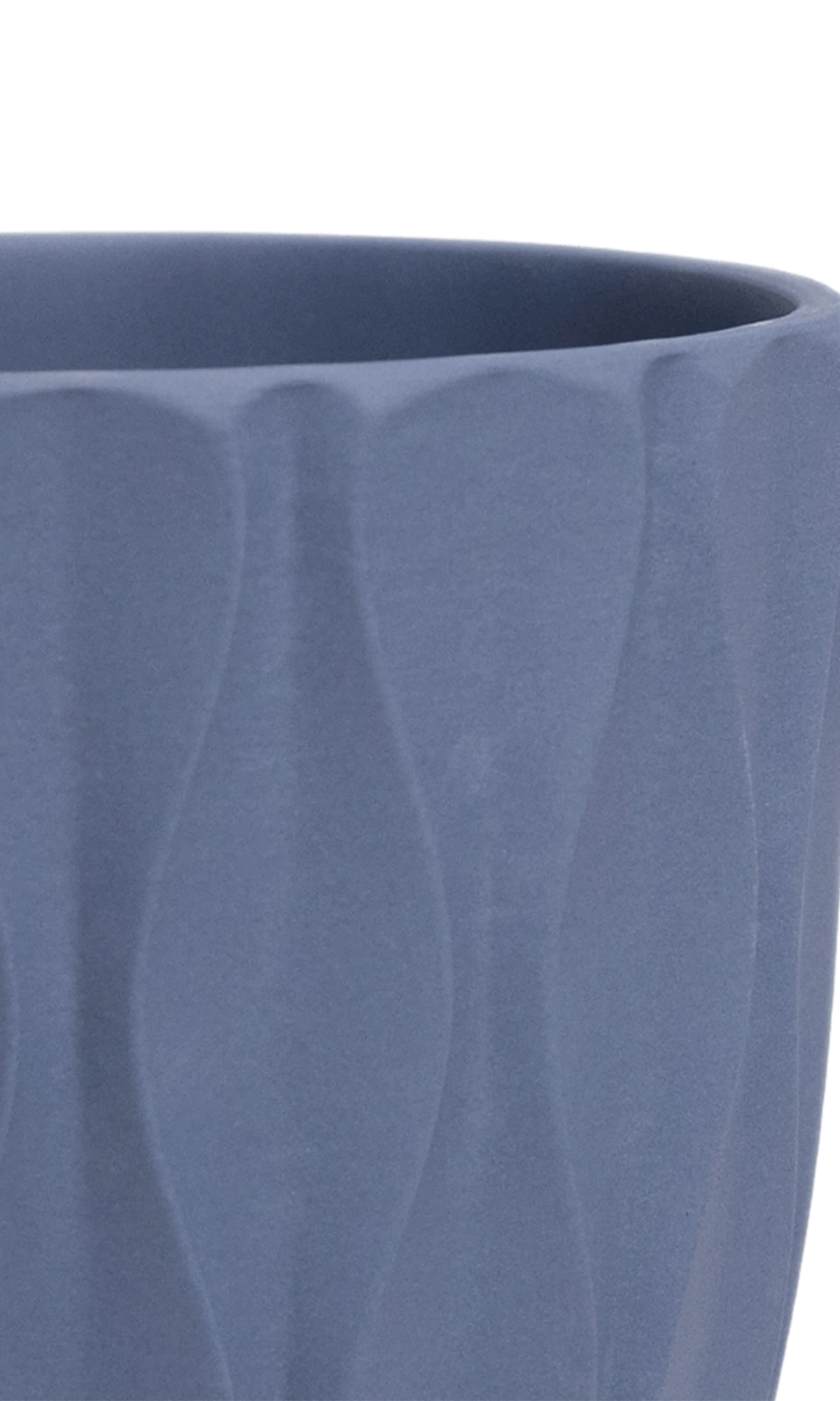 Close-up of the Chive Virago E medium blue grey porcelain pot showing the color and vertical wave texture.