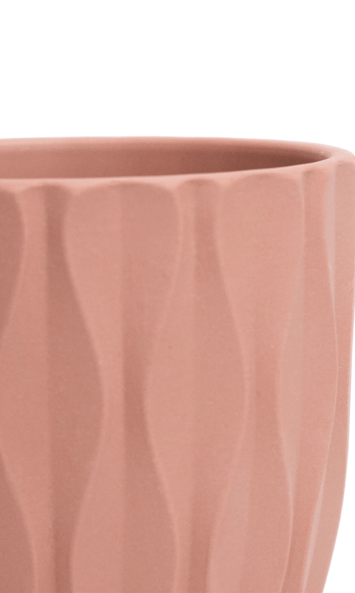 Close-up of the Chive Virago E medium clay terracotta porcelain pot showing the color and vertical wave texture.
