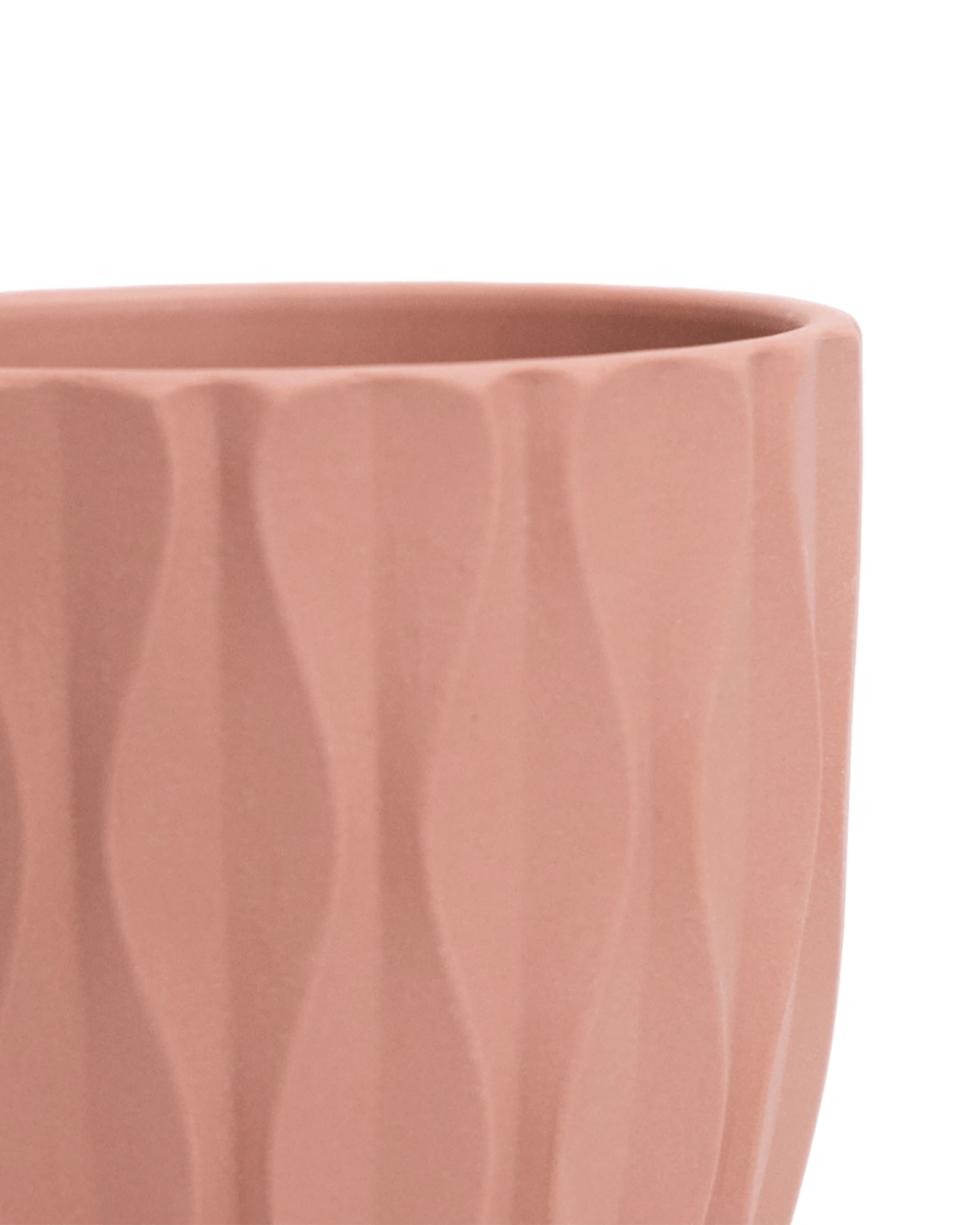 Close-up of the Chive Virago E medium clay terracotta porcelain pot showing the color and vertical wave texture.