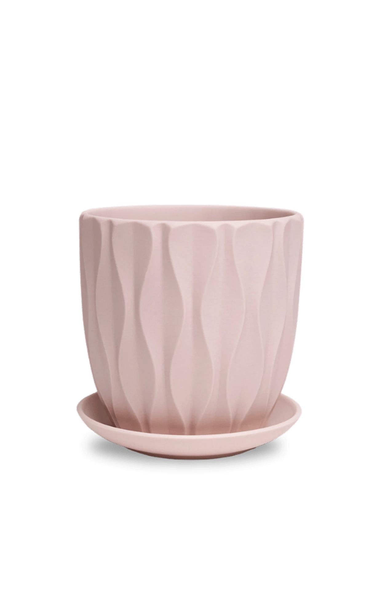 Chive Virago E medium soft pink porcelain pot with drainage hole and detachable saucer.