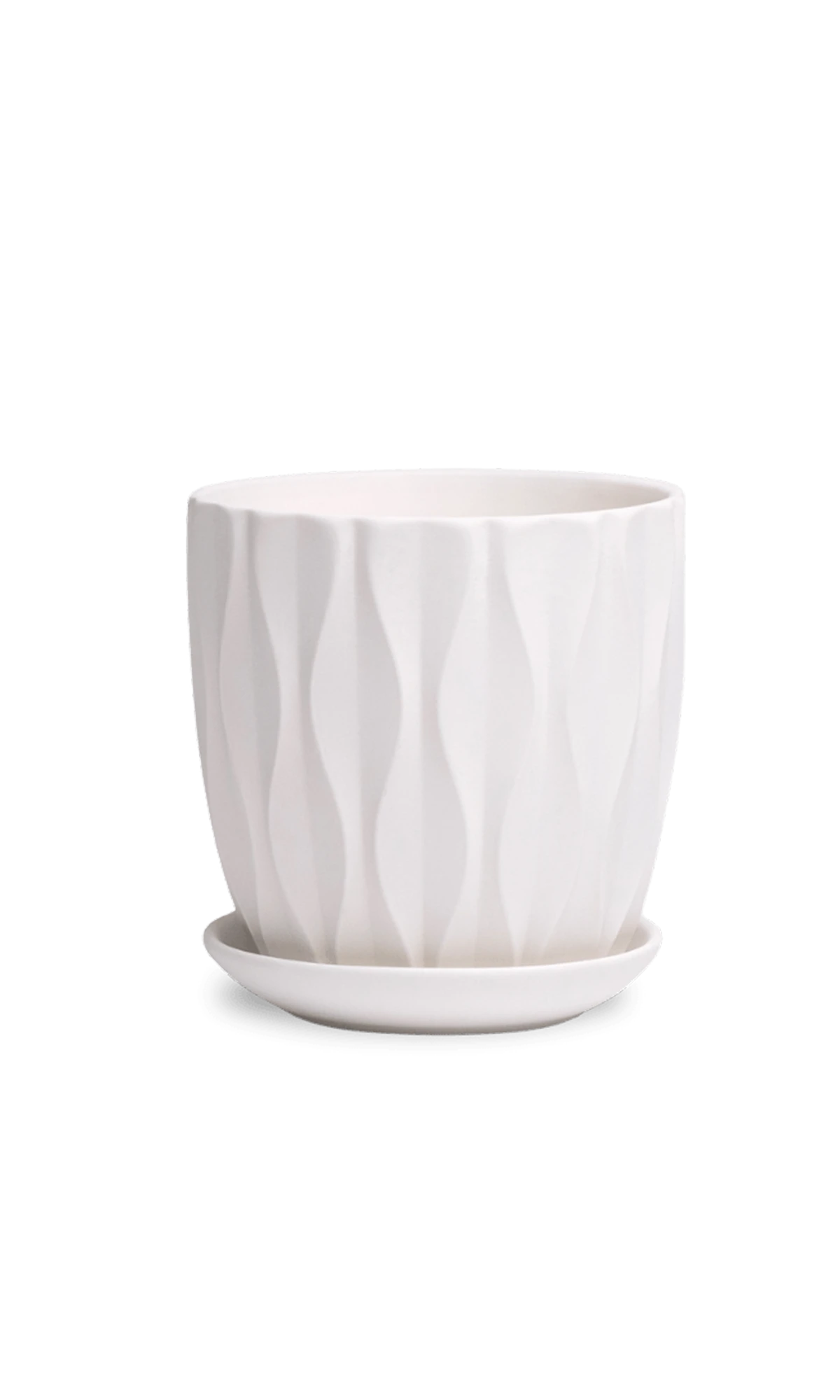 Chive Virago E small white porcelain pot with drainage hole and detachable saucer.