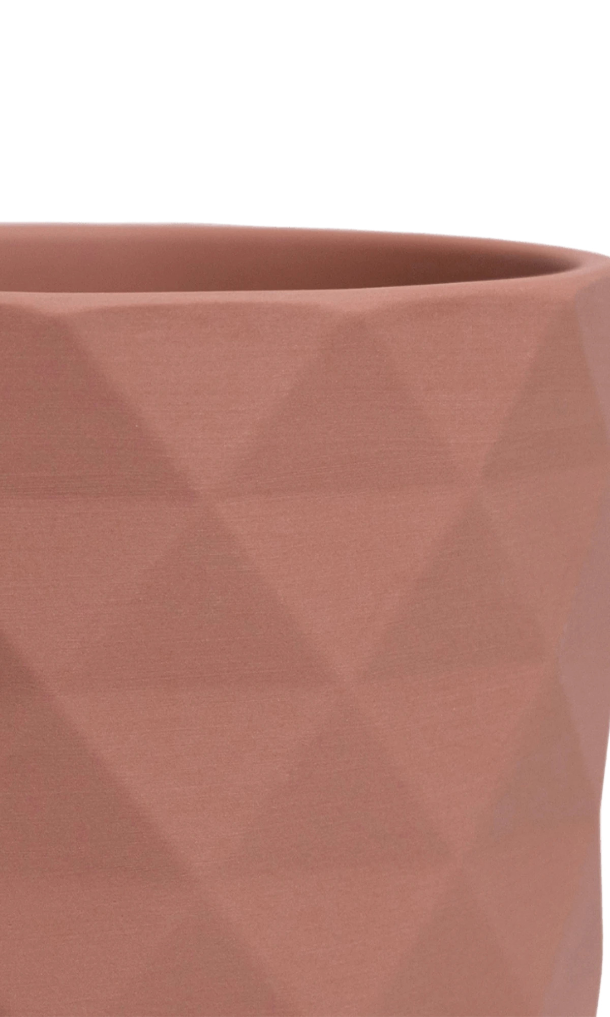 Close-up of the Chive Virago F small clay terracotta porcelain pot showing the color and diamond-shaped textured finish.