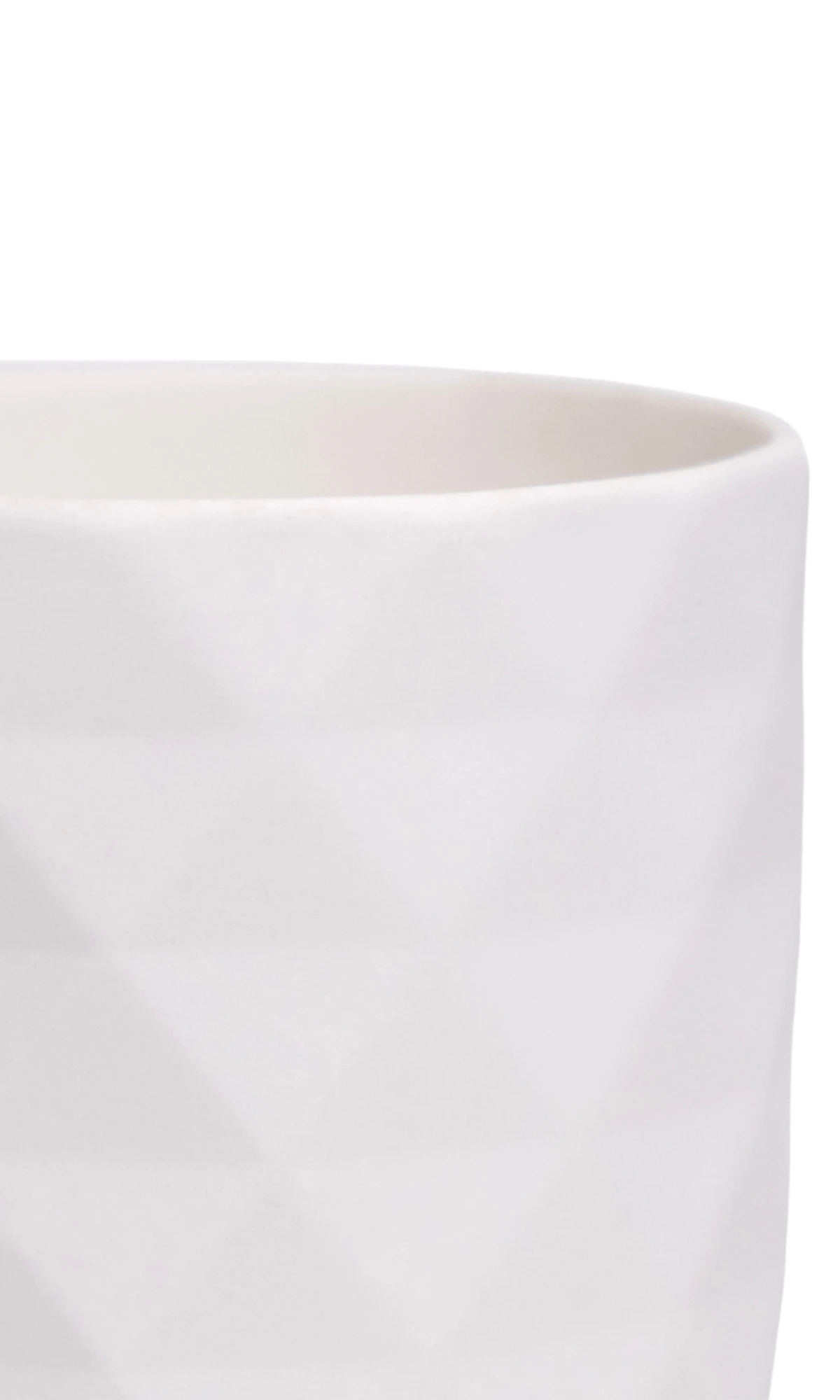 Close-up of the Chive Virago F small white porcelain pot showing the color and diamond-shaped texture.