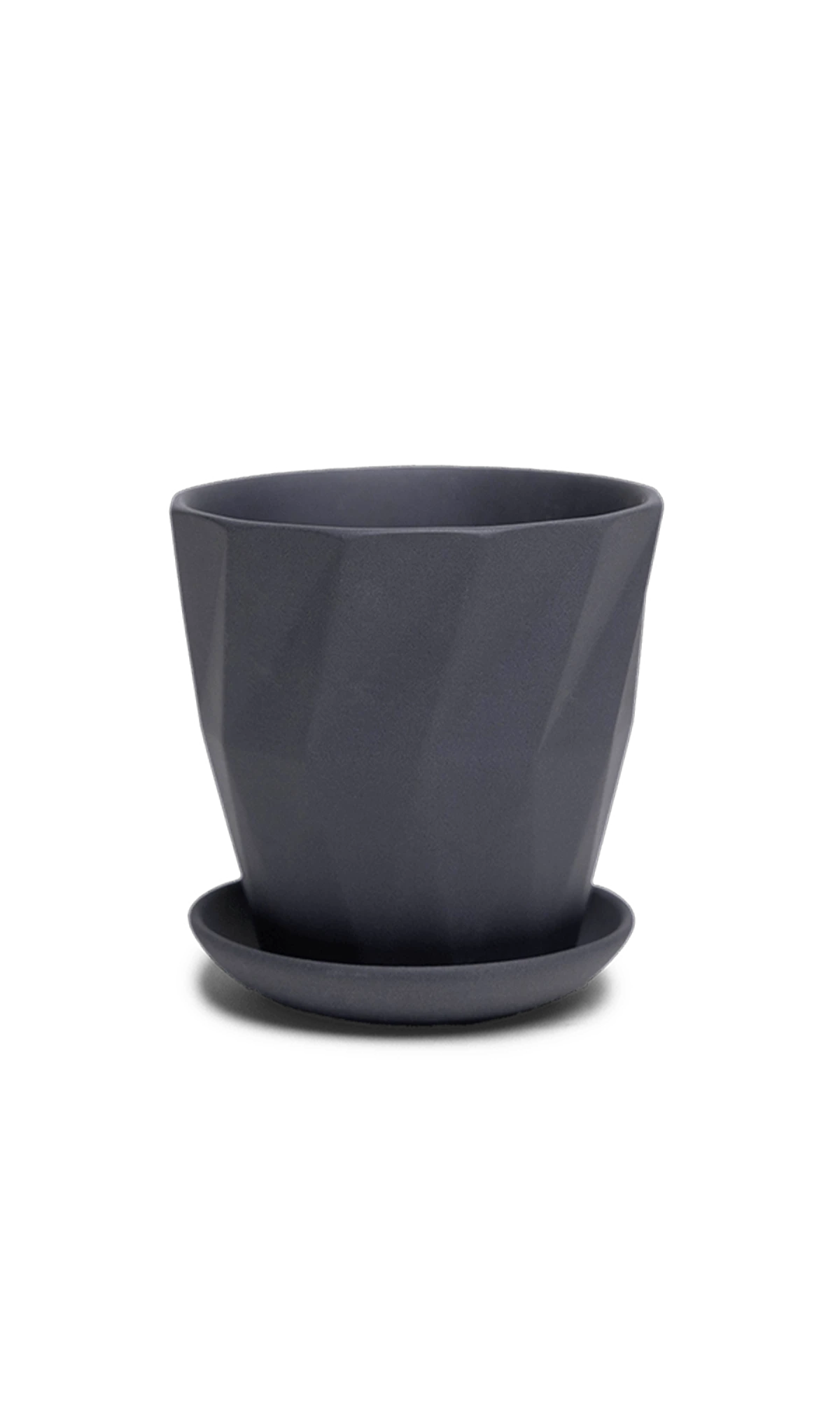 Chive Virago G small black porcelain pot with drainage hole and detachable saucer.