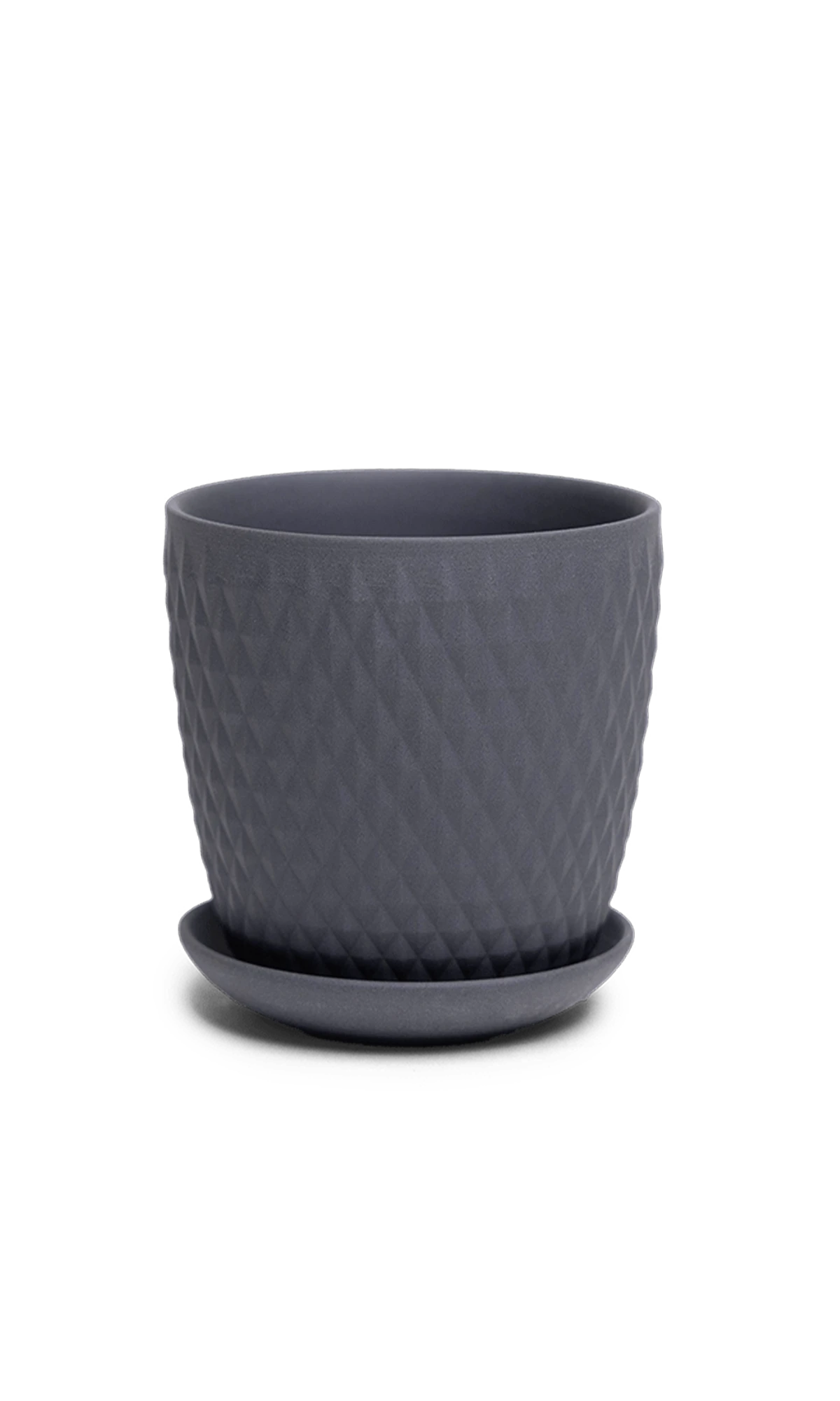 Chive Virago H small black porcelain pot with drainage hole and detachable saucer.