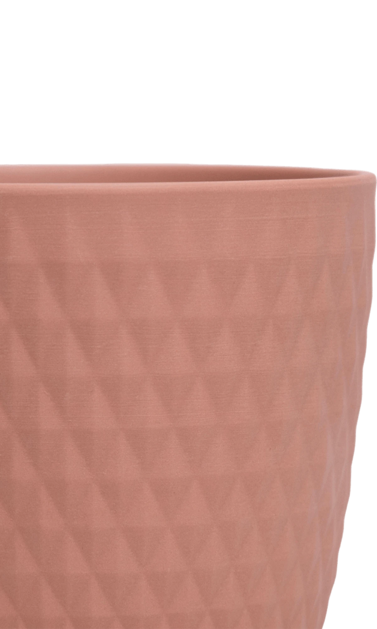 Close-up of the Chive Virago H medium clay terracotta porcelain pot showing the color and diamond-shaped textured finish.