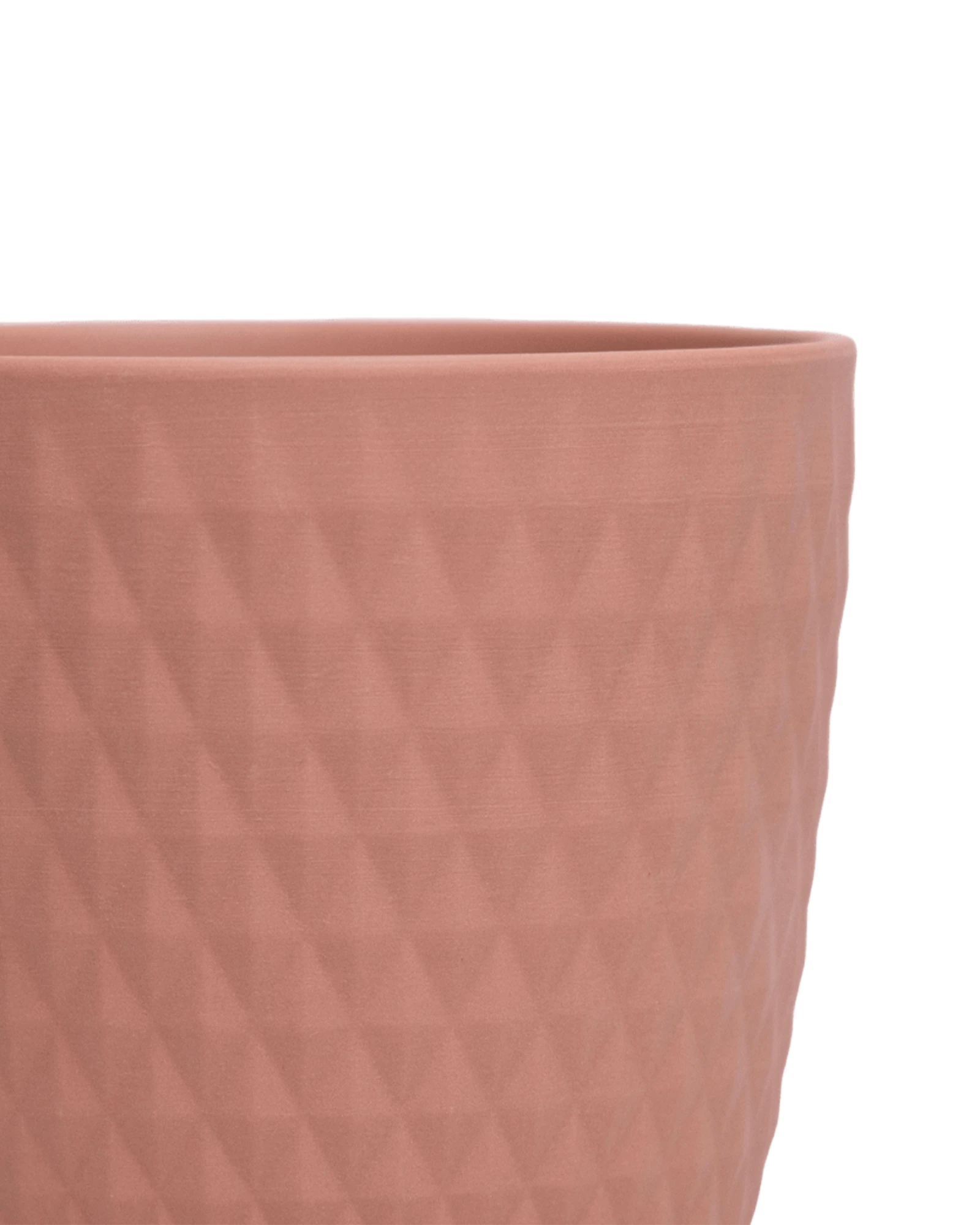 Close-up of the Chive Virago H small clay terracotta porcelain pot showing the color and diamond-shaped textured finish.