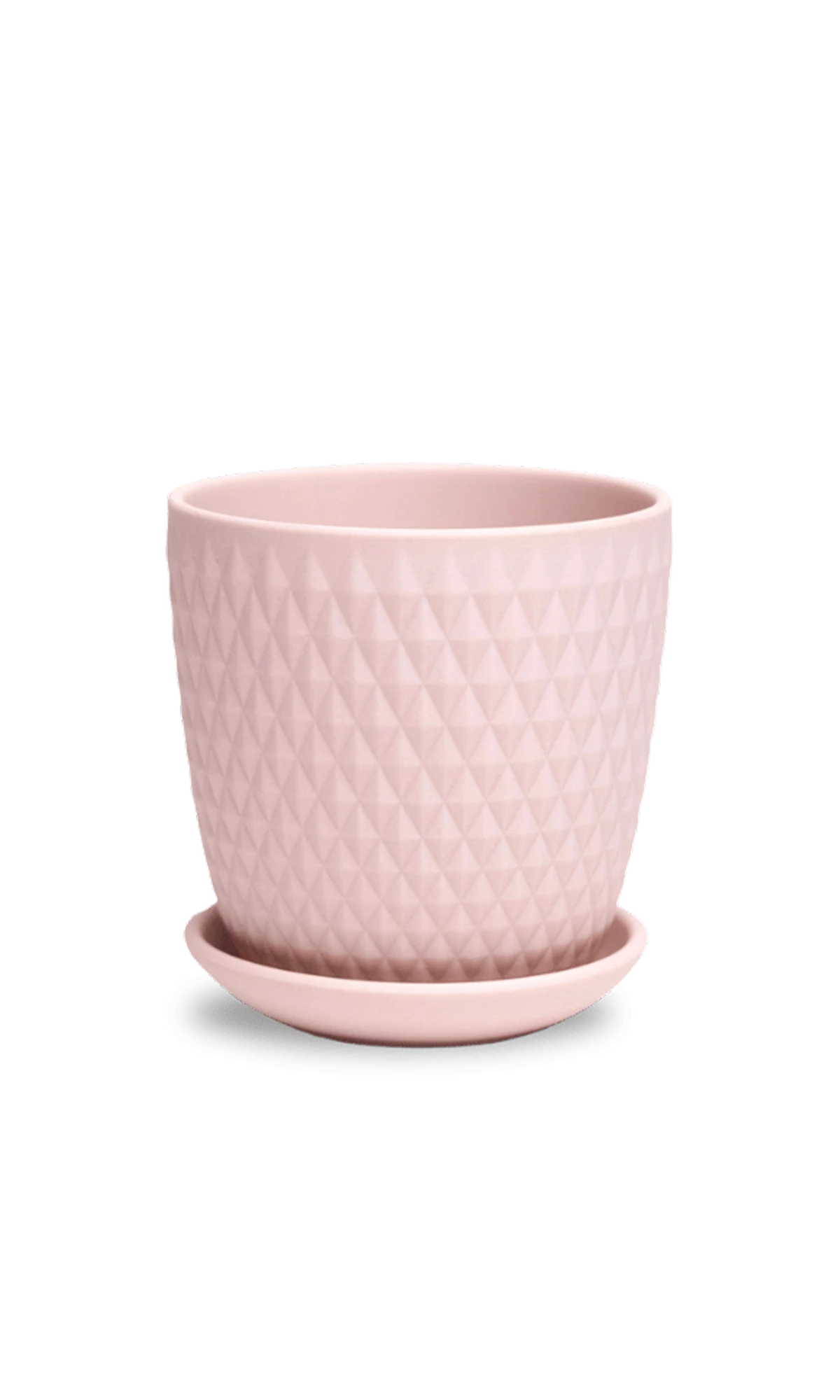 Chive Virago H small soft pink porcelain pot with drainage hole and detachable saucer.