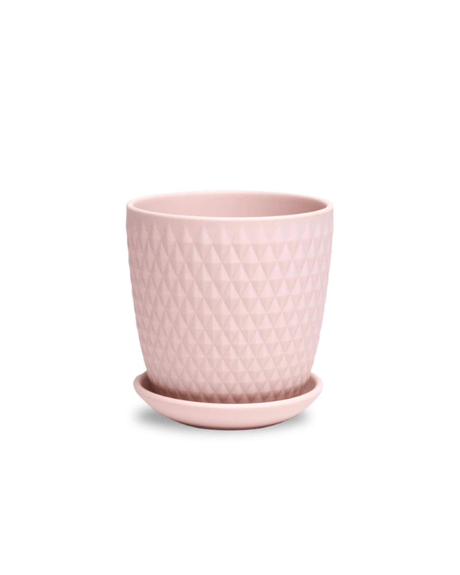 Chive Virago H small soft pink porcelain pot with drainage hole and detachable saucer.
