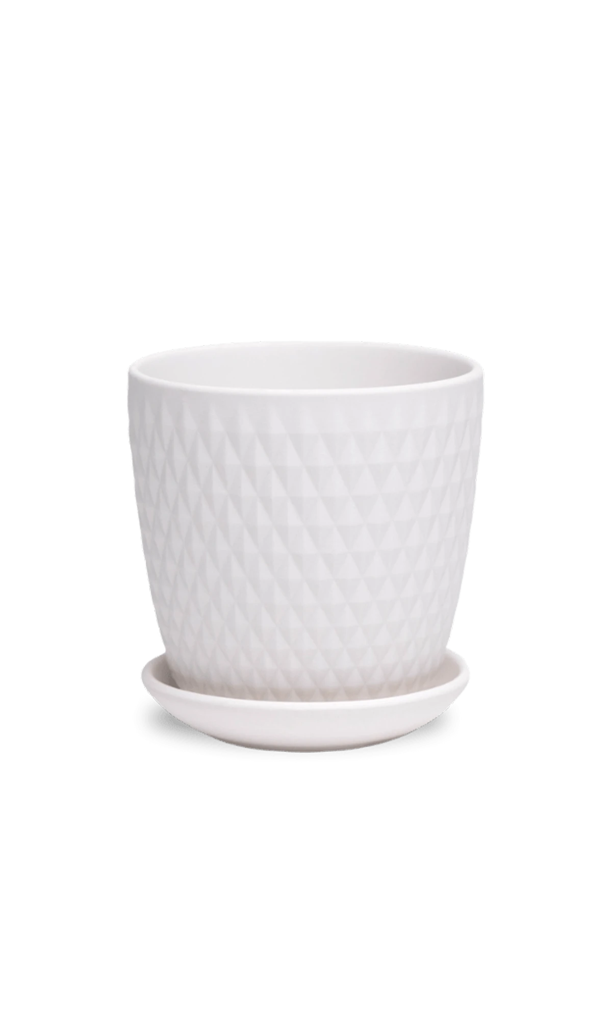 Chive Virago H small white porcelain pot with drainage hole and detachable saucer.