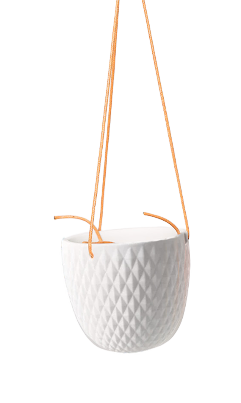 Chive Virago B white ceramic hanging planter with no drainage.