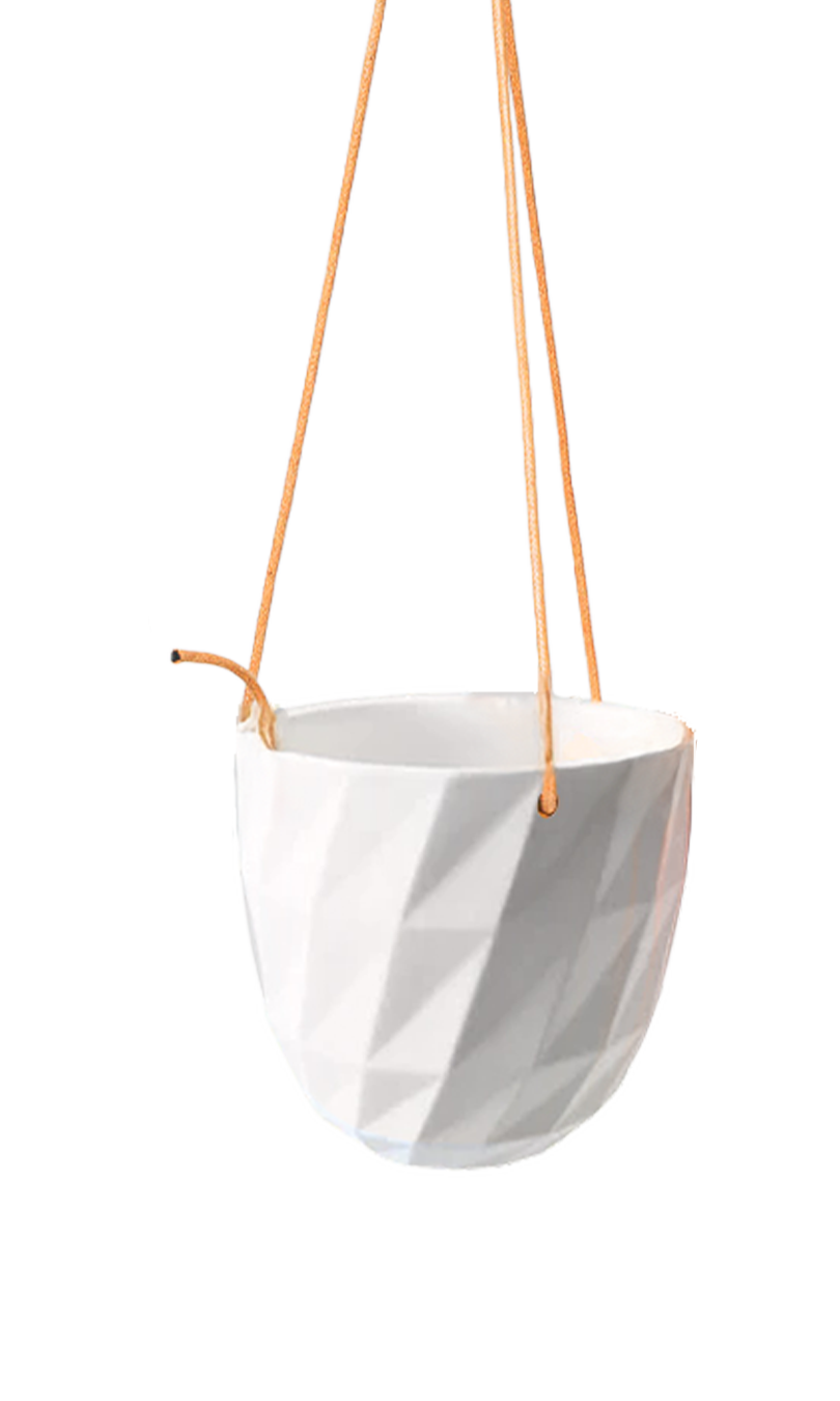 Chive Virago E white ceramic hanging planter with no drainage.