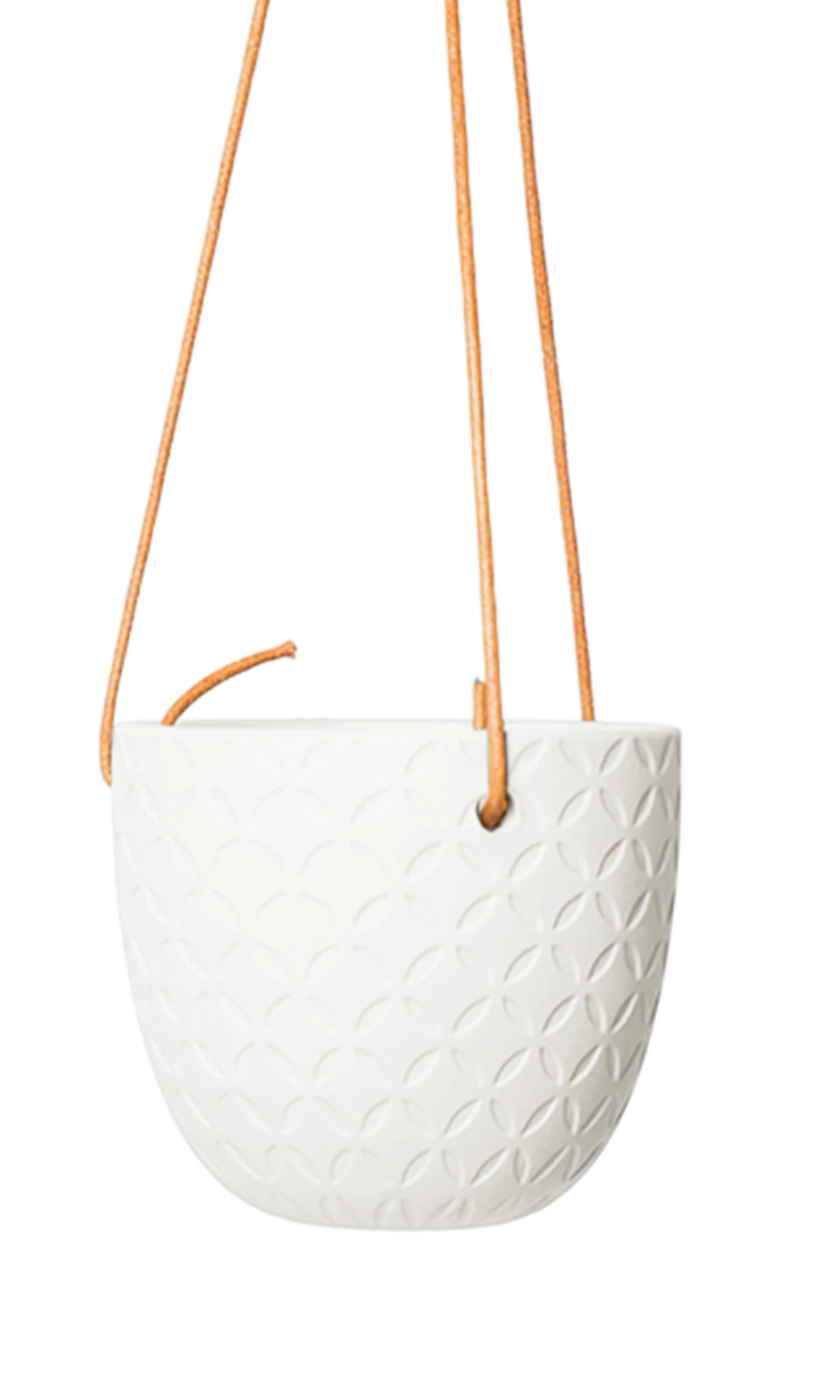Chive Virago H white ceramic hanging planter with no drainage.