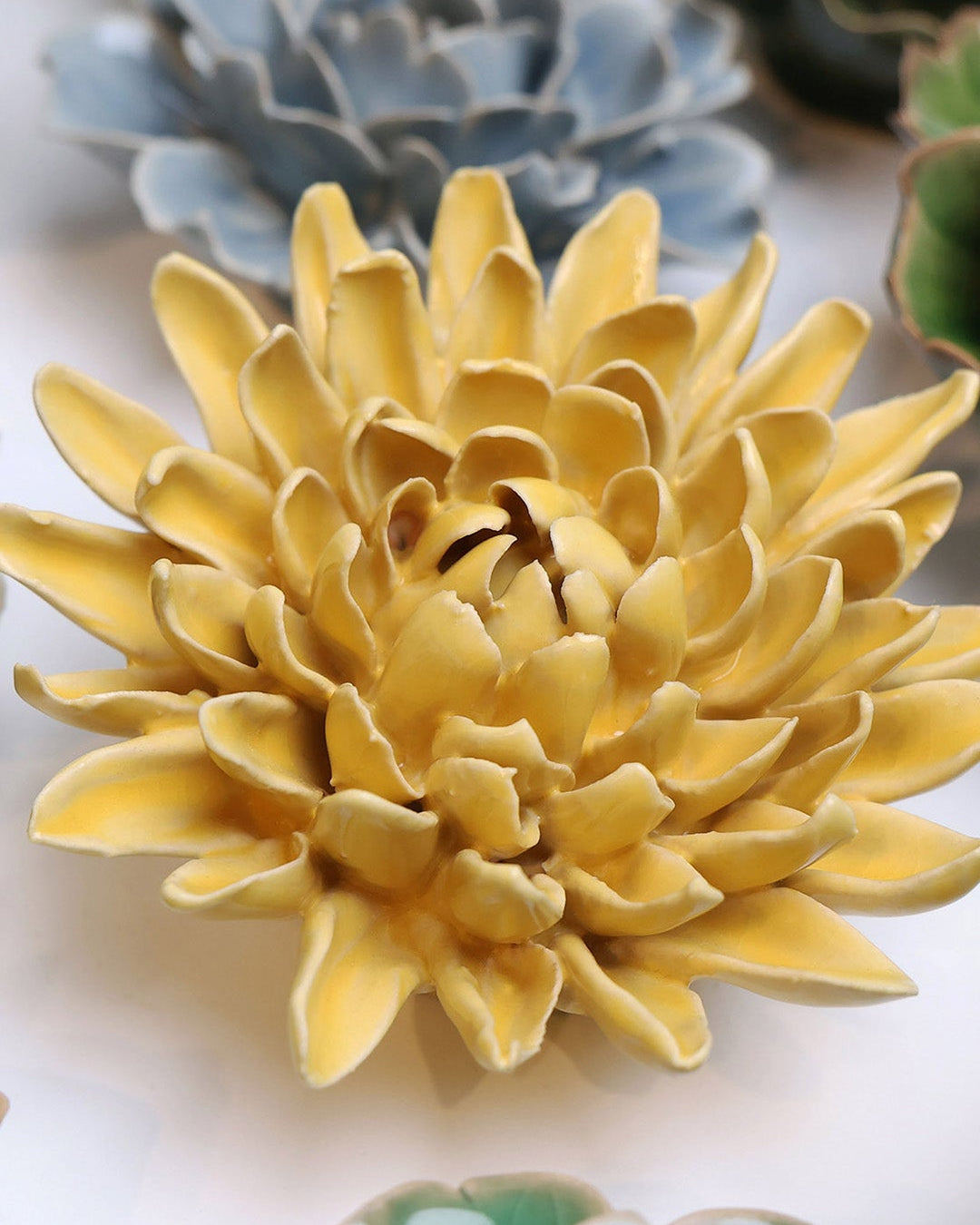 Buttercup Yellow Chrysanthemum ceramic wall flower mounted on a wall — Chive Ceramics Studio