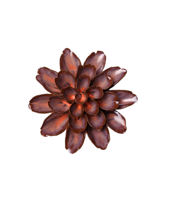 A metallic rose gold succulent flower brooch with layered petals, shown on a solid white background.