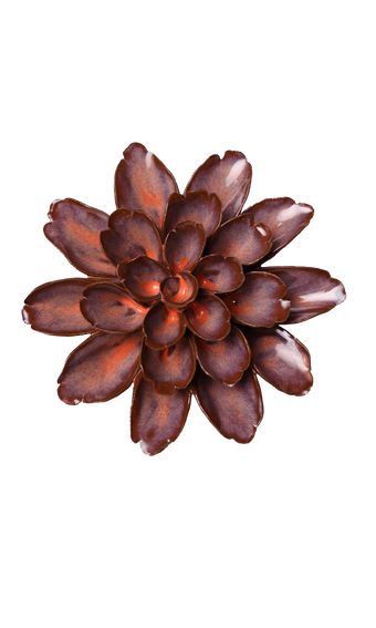 A metallic rose gold succulent flower brooch with layered petals, shown on a solid white background.