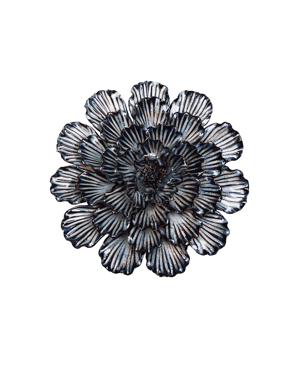 A single flower-shaped decorative object with layered petal-like segments, shown on a plain white background. The item appears metallic with a dark gunmetal/black base and silver-gray highlights along the edges.