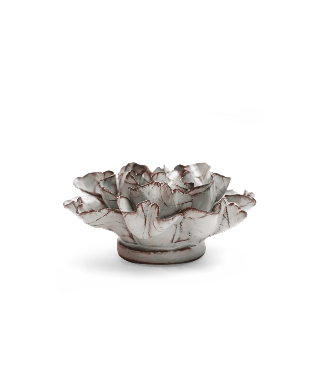 A sculptural ceramic lotus flower bowl with a textured, weathered finish in off-white and gray with subtle reddish-brown accents along the petal edges, set against a plain white background.