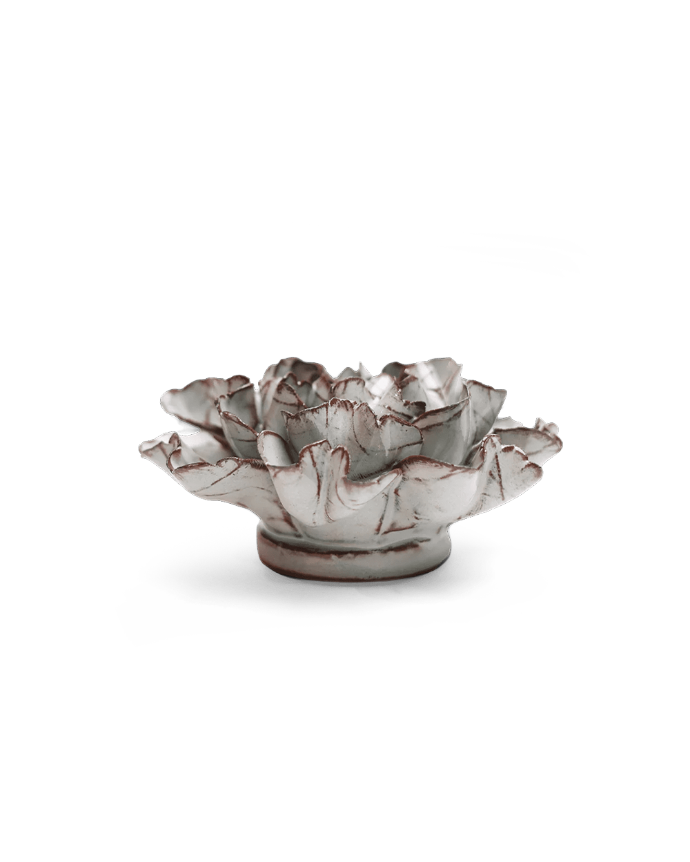 A sculptural ceramic lotus flower bowl with a textured, weathered finish in off-white and gray with subtle reddish-brown accents along the petal edges, set against a plain white background.