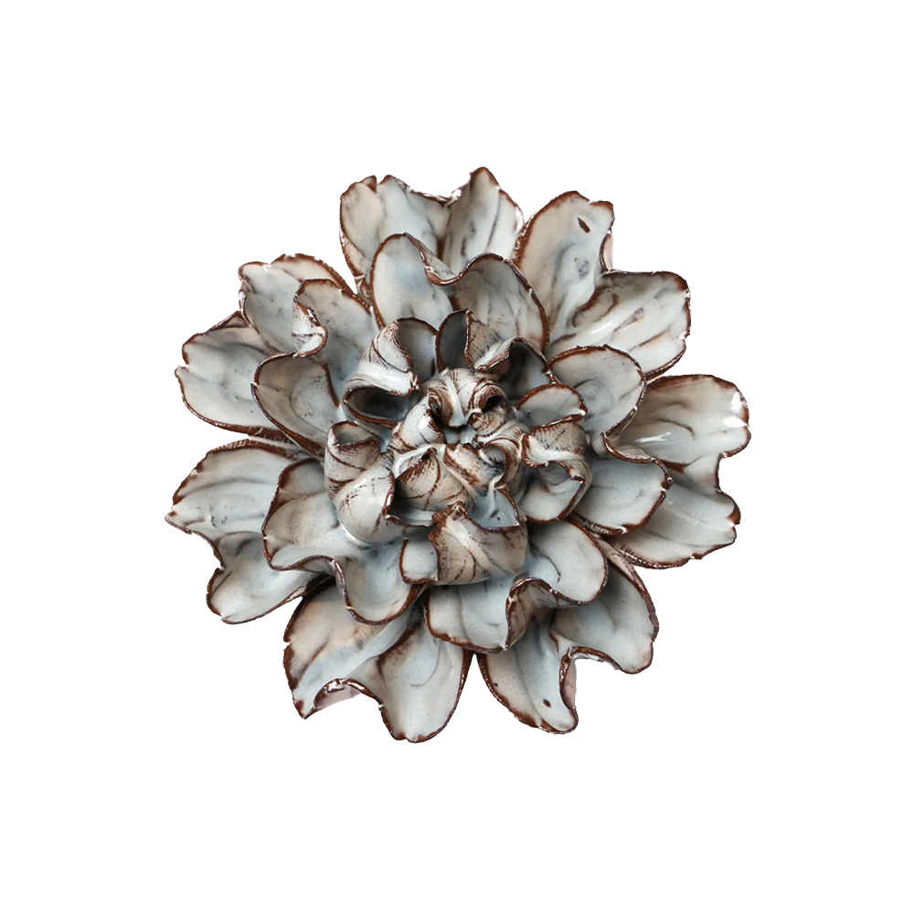 A sculptural metal succulent flower wall decor piece with layered petals in a distressed silver, gray, and white finish, accented with dark brown edges, shown against a plain white background.