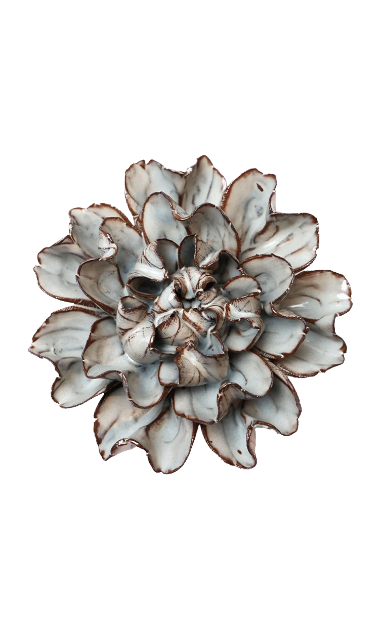 A sculptural metal succulent flower wall decor piece with layered petals in a distressed silver, gray, and white finish, accented with dark brown edges, shown against a plain white background.