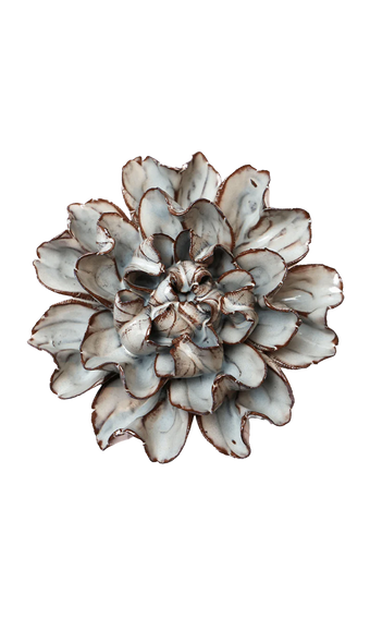 A sculptural metal succulent flower wall decor piece with layered petals in a distressed silver, gray, and white finish, accented with dark brown edges, shown against a plain white background.