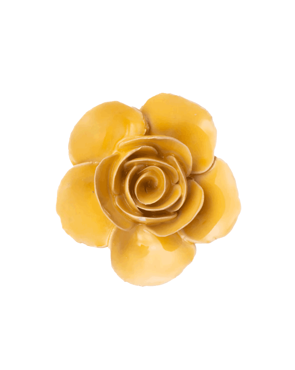 A single yellow artificial flower with layered petals, photographed against a solid white background.