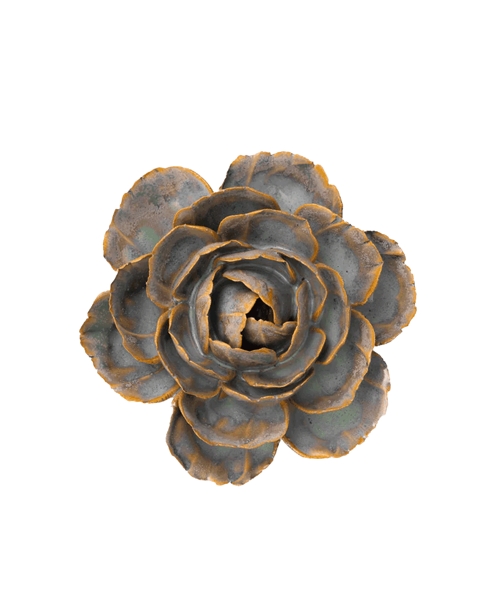 A decorative faux succulent flower with layered gray-blue petals and rusty orange edges, isolated on a solid white background.
