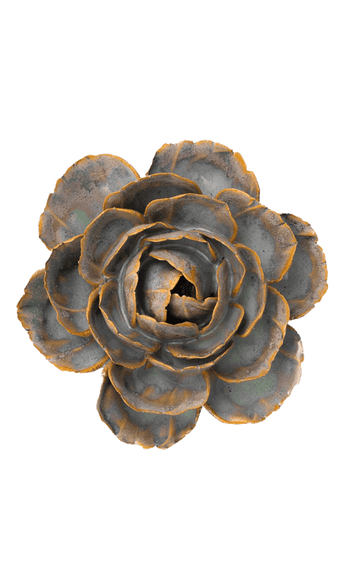 A decorative faux succulent flower with layered gray-blue petals and rusty orange edges, isolated on a solid white background.
