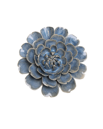 A ceramic succulent flower dish with layered petals in a textured blue and gray glaze, photographed on a solid white background.